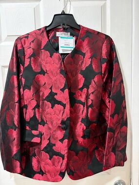 Kasper Black Jacket with Bold Red Floral Jacquard
